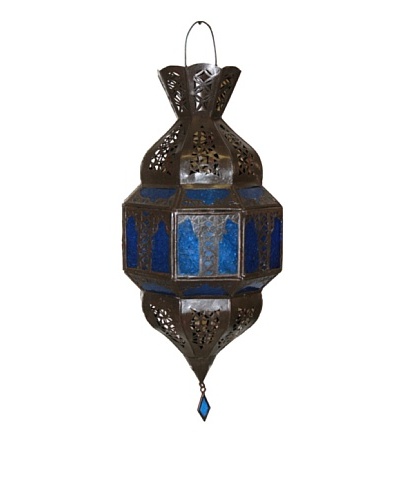 Badia Design Rick Lantern with Blue Glass, Brown/Blue