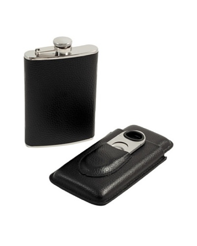 Bey-Berk 3-Piece Flask, Cigar Case & Cutter Leather Gift Set, Black