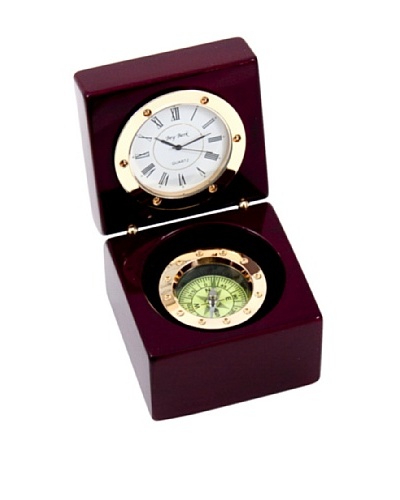 Compass & Clock in Lacquered Rosewood Hinged Box