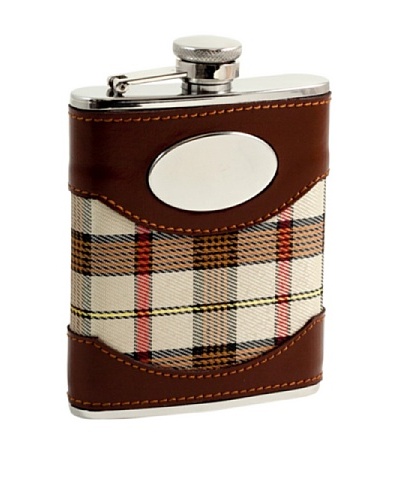 Bey-Berk Stainless Steel, Leather & Beige Plaid Fabric Flask, 6 Oz.