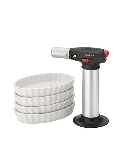 BonJour Baking & Food Prep Crème Brûlée Set - Crème Brûlée Torch with 4 Oval Ramekins