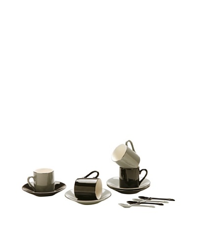 Classic Coffee & Tea Set of 4 Espresso Cups & Saucers with Spoons, Black/White/Grey, 2.5-Oz.