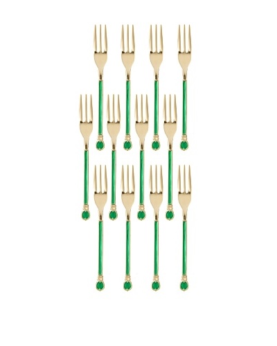 Classic Coffee & Tea Set of 12 Gold-Plated Forks, Gold/Green