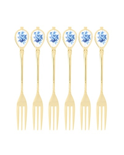 Classic Coffee & Tea Set of 6 Gold-Plated Forks, Blue Rose