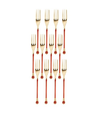 Classic Coffee & Tea Set of 12 Gold-Plated Forks, Gold/Red