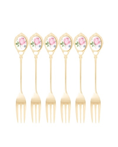 Classic Coffee & Tea Set of 6 Gold-Plated Forks, Pink Rose