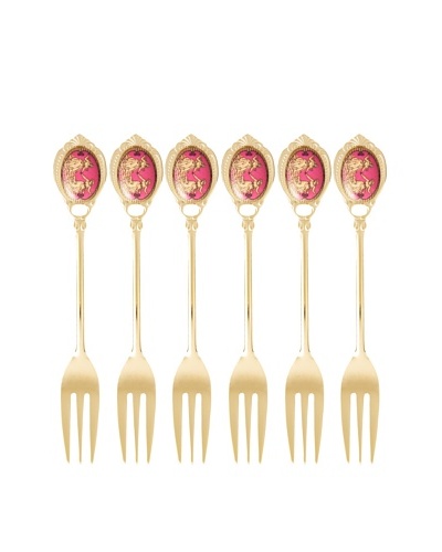 Classic Coffee & Tea Set of 6 Gold-Plated Forks, Maroon Dance