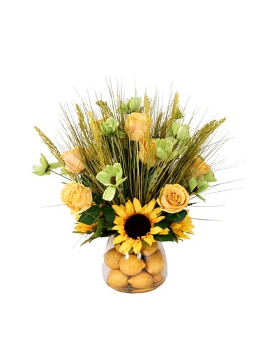 Creative Displays Yellow & Green Sunflower, Rose & Grass Floral in Lemon Glass