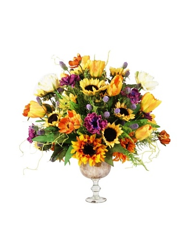 Creative Displays Orange, Yellow, & Purple Sunflower & Tulip Floral in Glass Urn, 30x30x28