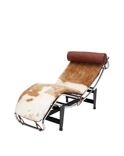 Cubo Pony Skin and Stainless Steel Chaise, Brown/White