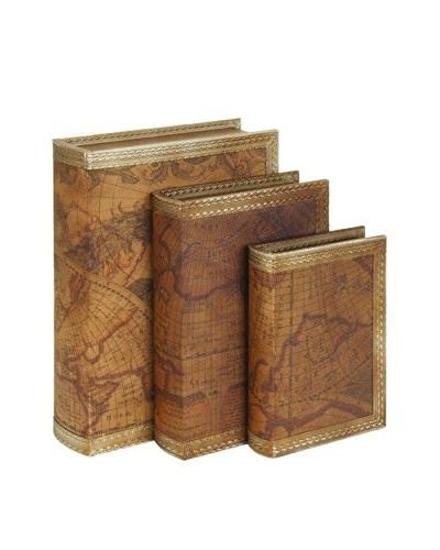 Set of 3 World Map Faux Leather Book Boxes
