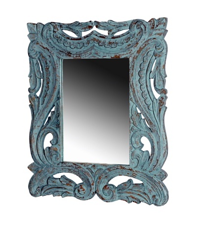 Foreign Affairs Ornate Hand Carved Mirror, Antique Blue