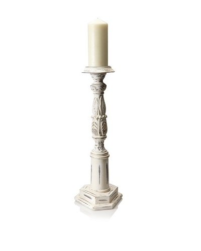 Found Objects Tall Wooden Carved Candle Stick, White