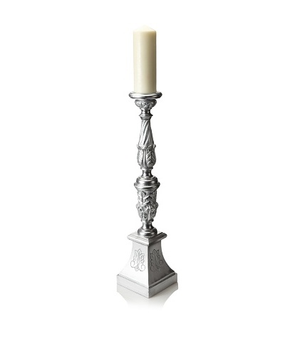 Found Objects Tall Wooden Carved Candle Stick, Silver