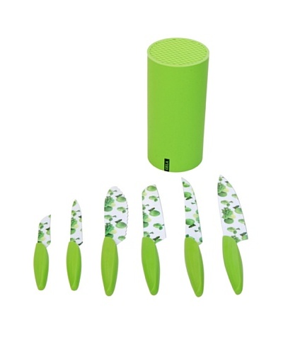 Gela Global 7-Piece Non-Stick Coated Knives Set In Round Block, Green Apple