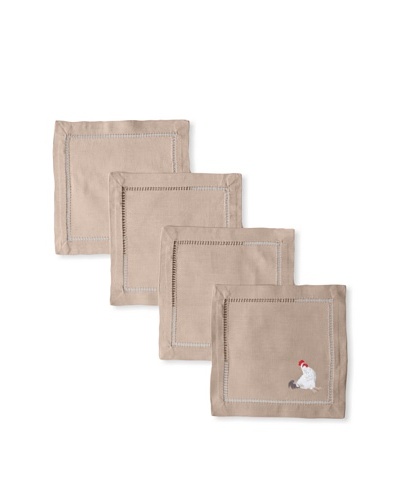 Henry Handwork Set of 4 Hand-Embroidered Cotton Rooster Cocktail Napkins