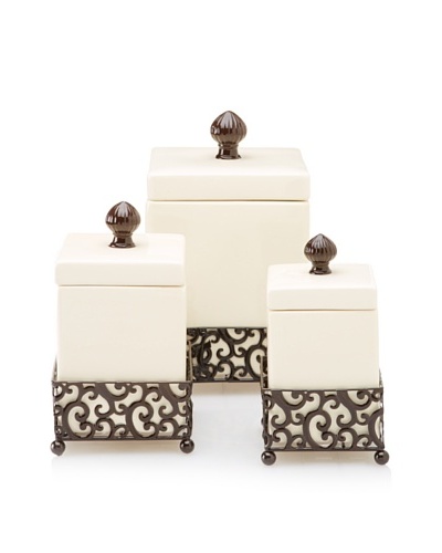 Home Essentials Set of 3 Danbury Square Canisters with Pressed Metal Holders, Off-White/Bronze