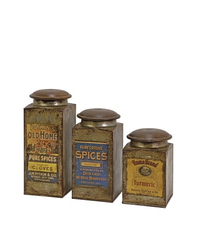 Set of 3 Addie Vintage Label Wood & Metal Canisters