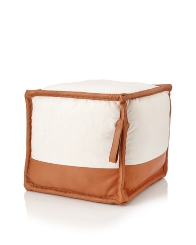 Jamie Young Canvas and Leather Pouf, Off-White/Tan