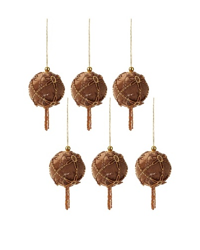 Jim Marvin Collection Set of 6 Beaded Net Ball Ornaments, Brown