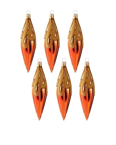 Jim Marvin Collection Set of 6 Flocked Melon Teardrop Ornaments, Orange