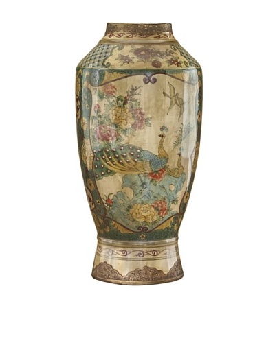 John-Richard Collection Porcelain Peacock Vase with Hammered Brass Detailing