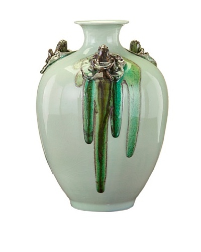 John-Richard Collection Lily Pad and Frog Vase, Dripped Glaze