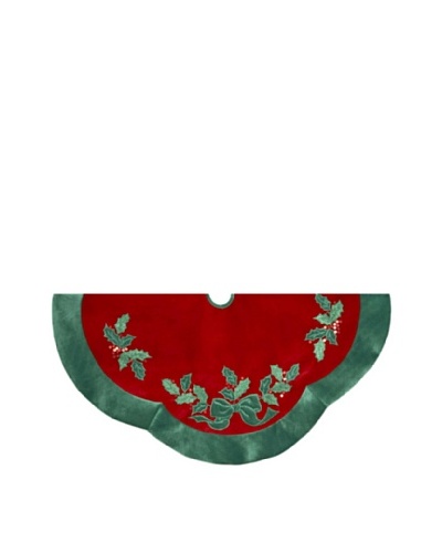 Kurt Adler 48 Velvet Red with Green Leaves Applique Treeskirt