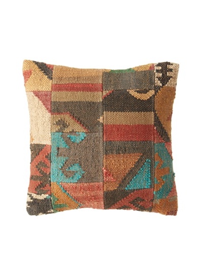 La Boheme Jute/Wool-Blend Patchwork Cushion, Natural/Multi, 16″ x 16″