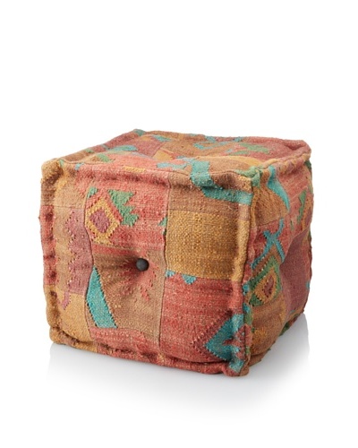 La Boheme Hand-Woven Jute/Wool-Blend Patchwork Cube Pouf, Warm Multi