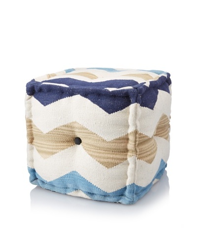 La Boheme Hand-Woven Cotton Chevron Cube Pouf, Light Multi