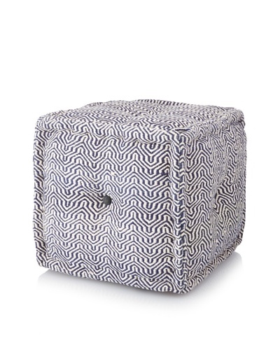 La Boheme Hand-Woven Cotton Y-Motif Cube Pouf, Off-White/Navy