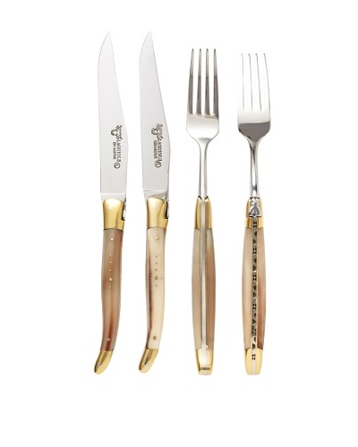 Laguiole en Aubrac Set of 2 Buffalo Horn Knives & Forks with Brass Bolsters