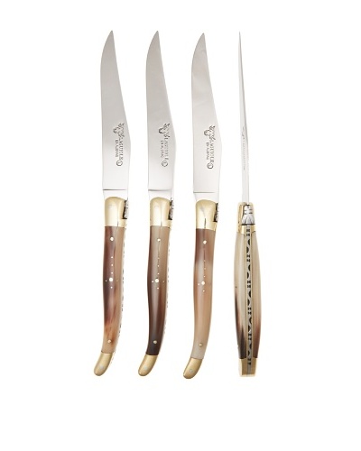 Laguiole en Aubrac Set of 4 Solid Horn Steak Knives with Brass Bolsters