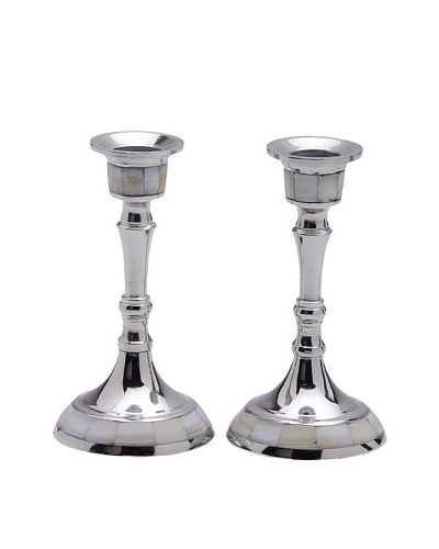 Legacy Judaica Set of 2 Stainless Steel Candlesticks with Mother-of-Pearl