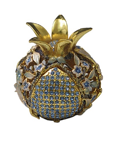 Legacy Judaica Jeweled Pomegranate Spicebox, White Flower/Blue and White Leaves