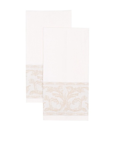 Mierco Fine Linens Set of 2 Floral-Border Tea Towels, White/Taupe, 20″ x 28″