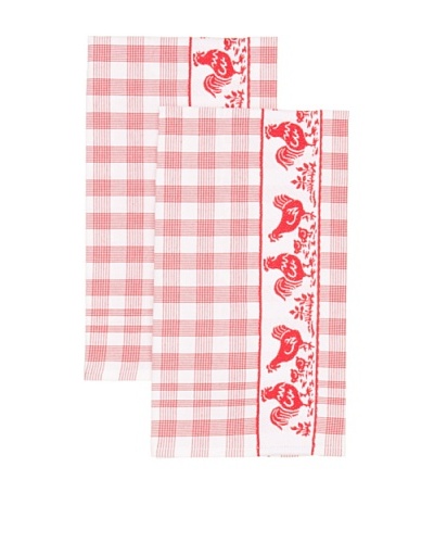 Mierco Fine Linens Set of 2 Chickens Jacquard Tea Towels, White/Red, 20 x 26