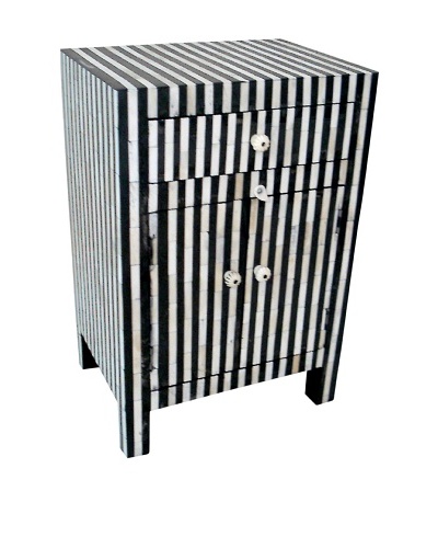 Mili Designs 1 Drawer 2 Doors Striped Bone Inlay Bedside, Black/Cream