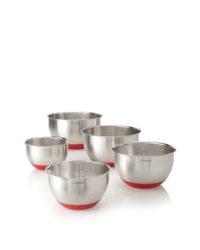 MIU France Set of 5 Mixing Bowls With Silicone Bottoms, Silver/Red