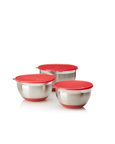 MIU France Set of 3 Stainless Steel Mixing Bowls with Lids, Silver/Red