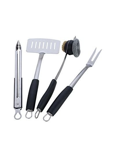 MIU France Set of 4 Soft Grip Handle BBQ Tools Set, Stainless Steel/Black