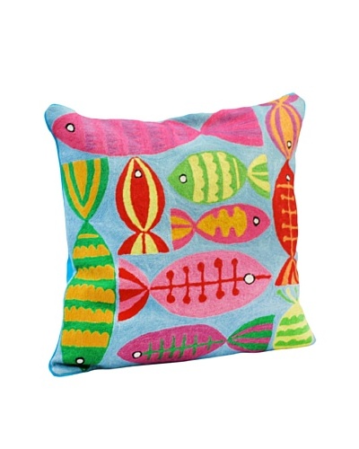 Modelli Creations Fish Crewel Work Pillow, Blue