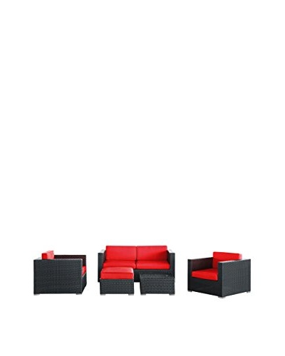 Modway Malibu 5-Piece Outdoor Patio Sofa Set, Espresso/Red