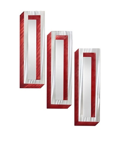 Nova Set of 3 Shadow Box Wall Mirrors, Brushed Aluminum/Red