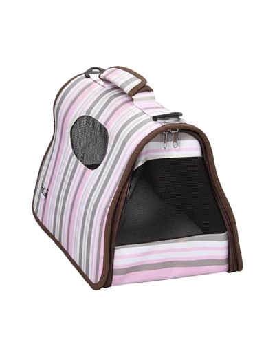 Pet Life Airline-Approved Zippered Stripe-Print Folding Cage Carrier, Gray/Pink, Medium