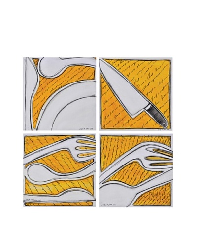 Phillips Collection Set of 4 Fork Spoon Knife Plate Wall Tiles, Yellow/White