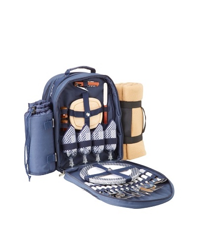Picnic at Ascot Bold Picnic Backpack Cooler for Four with Blanket, Navy/White
