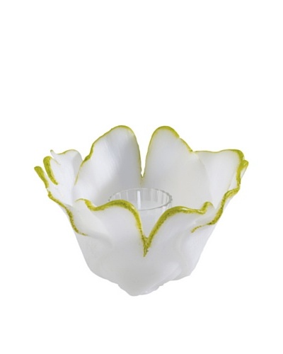 Point a la Ligne Small Gingko Floral Glass Hurricane, Green/White