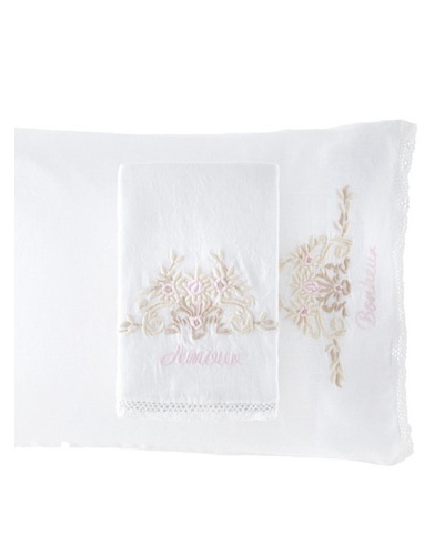 Pom Pom at Home Pair of Amour/Bonheur Pillowcases [White/Pink]
